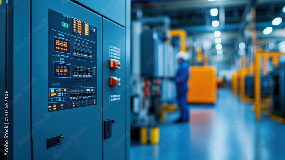 Poster control panel with digital display in modern industrial facility and operator in background
