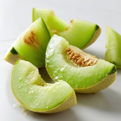 Close up of honeydew melon slices isolated on white background