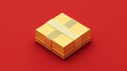 Obraz premium Bright Gold Gift Box on a Red Surface With a Lovely Ribbon, Perfect for Celebrations or Special Occasions