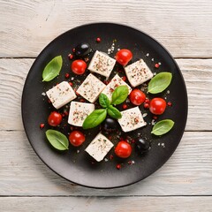 Dés de feta avec olives noires, tomates cerises et feuilles de basilic dans assiette. Generated Image.