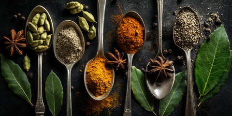 Overhead shot of various spices in vintage spoons, arranged on dark background with bay leaves and star anise.  Showcase of culinary ingredients, symbolizing flavor and aroma