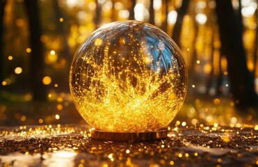 Fototapeta premium Inside a cosmetic essence bubble, a golden DNA molecule serves as an anti-aging skin serum ingredient, incorporating gold chromosome stem cells. This advanced biotechnology is designed for beauty