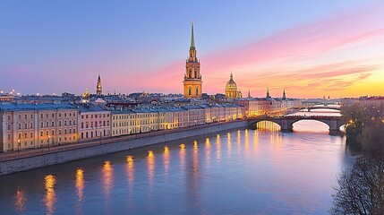 Naklejka premium Panoramic view of St. Petersburg cityscape at sunrise over river