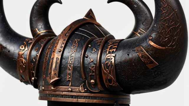 Elaborate horned helmet with runic decorations, metallic dark armor headpiece for fantasy warrior, viking, or barbarian costume concept