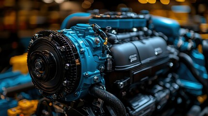 Obraz premium Close-up of a Powerful Blue and Black Marine Engine