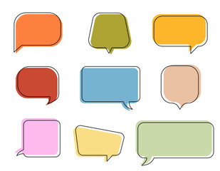 Colorful speech bubble balloon in blue, green, pink, red, orange, yellow. doodle text box, flat design, comic vector illustration, empty speech bubbles, blank dialog box, chat, 