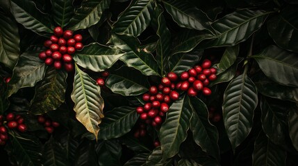 Obraz premium Fresh Coffee Cherries on Lush Green Coffee Leaves in a Tropical Plantation During Harvest Season