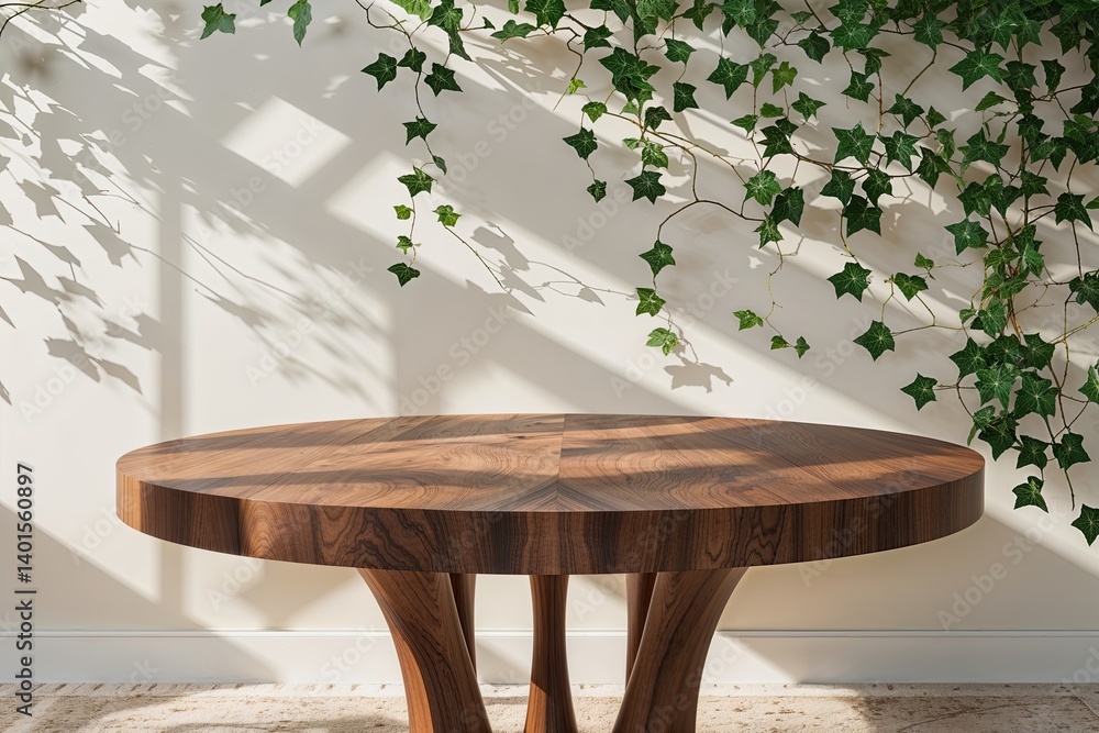 Aufkleber elegant walnut table showcasing ivy shadows on cream background for upscale branding