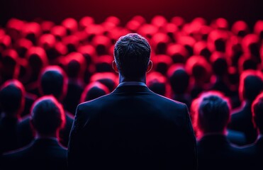 The audience in a dark hall watches a performer on stage, highlighted by red spotlights, appreciating the acting, lighting, costumes, drama, and talent. Suitable for theatre, venue, school, or