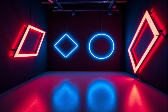 Dimly Lit Room with Four Glowing Neon Light Shapes - Rectangle, Diamond, Circle, and Tilted Rectangle - in Red and Blue Against a Dark Wall with Blue Light Reflections on the Floor, Abstract Atmospher