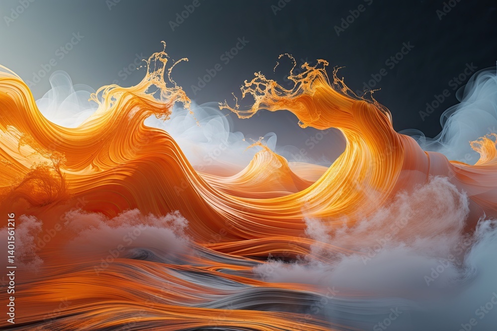 Poster captivating orange patterns blend with luminous waves and soft fog