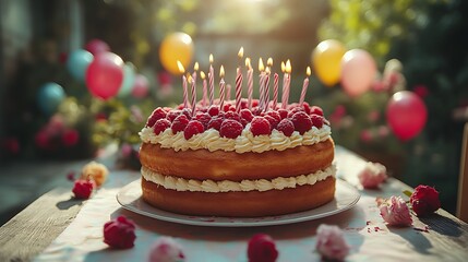 Raspberry cake with lit candles.