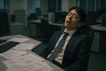 オフィスチェアにもたれ熟睡する日本人男性が伝える働き疲れの瞬間