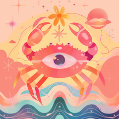 Mystical Cancer Zodiac Illustration with Eye and Celestial Elements