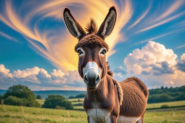 Charming Donkey Posing Against Colorful Cloud Backdrop in Picturesque Countryside Landscape