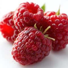 A close up view of a small pile of ripe red colored raspberries isolated on white background