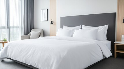 Modern Minimalist Hotel Room with Cozy Bed and Natural Light in Contemporary Interior Design Style