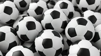 Pile of Soccer Balls: A Close-Up View of Classic Black and White Footballs