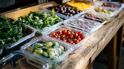 Fresh salad bar ingredients vegetables and fruits in plastic containers healthy food choice buffet style display