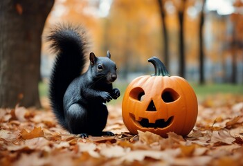 carved halloween coloured park black looking foliage pumpkin autumn squirrel cute wild curious sciurus fall nut nature tree animal unique forest outdoors green october fluffy leaf rodent funny orange