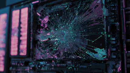A close-up of a broken computer screen with shattered glass and glitching digital artifacts. The cracks spread across the display, with distorted colors, pixelated errors, and flickering static