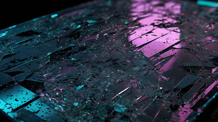 A close-up of a broken computer screen with shattered glass and glitching digital artifacts. The cracks spread across the display, with distorted colors, pixelated errors, and flickering static