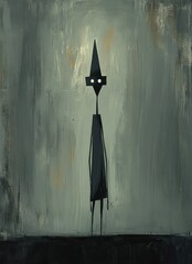 A tall, shadowy figure with bright eyes stands alone in darkness