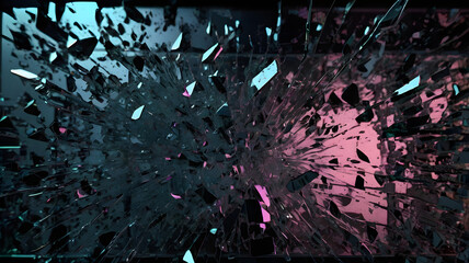 A highly detailed, photorealistic close-up of a broken computer screen with deep cracks and shattered glass.