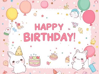 Colorful Birthday Celebration Card Featuring Cute Animals and Festive Decorations in a Playful, Joyful Design