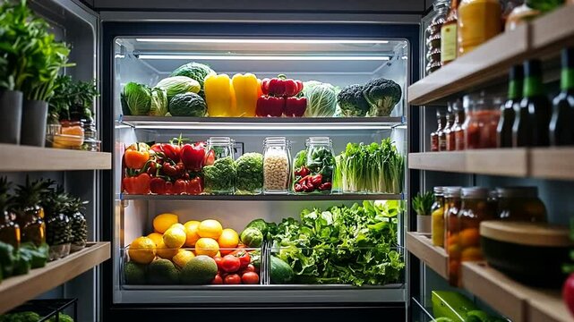 Organized Refrigerator with Fresh Produce and Pantry Items