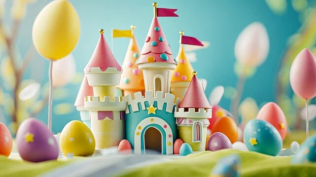 Pastel Easter Castle with Decorated Eggs
