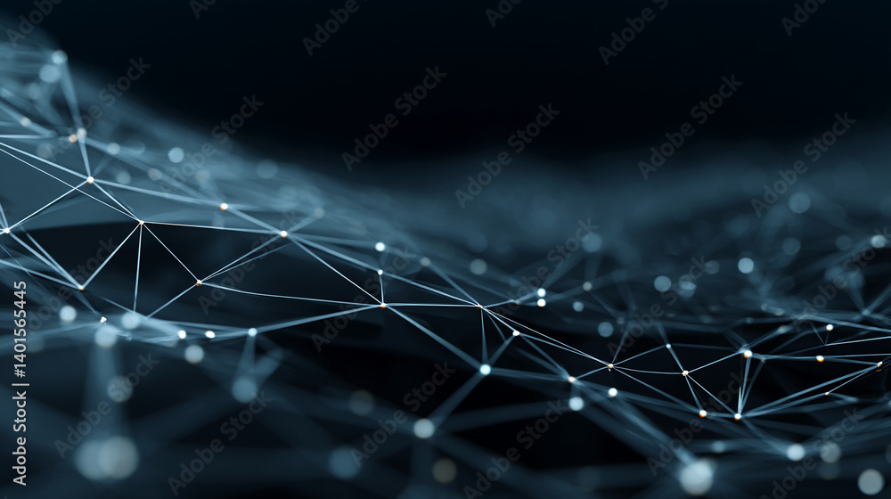 Poster abstract image of interconnected nodes and lines, forming a complex network pattern on a dark backgr