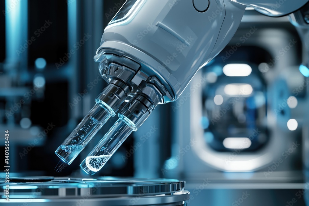 Aufkleber robotic arm precisely handling liquid samples in a futuristic laboratory setting.