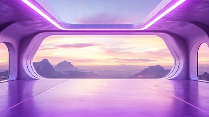 Fototapeta premium Futuristic interior with purple lighting overlooking mountains and a colorful sky.