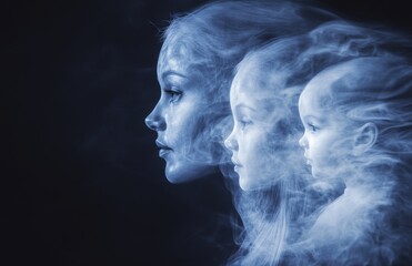 A woman encounters her inner child as a glowing silhouette. Reflecting on her youthful spirit, she connects with her childlike self, embracing her potential for psychological growth and