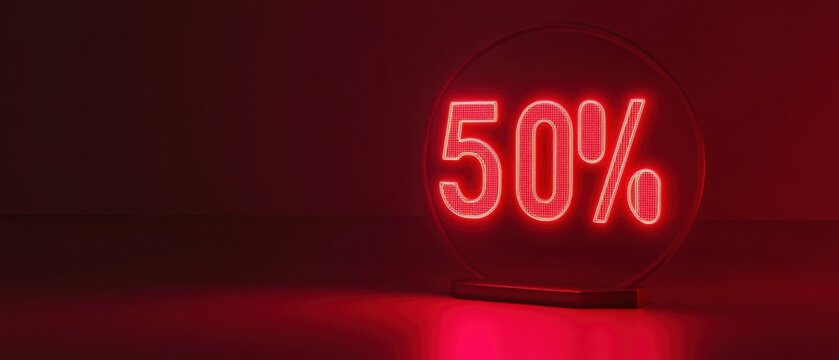 Glowing red neon sign displaying 50 percent discount on dark background Concept of sale, promotion, special offer, and limited time deal