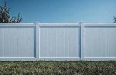 The installation of a white vinyl fence around the backyard provides a secure and private exterior boundary, featuring a contemporary and stylish design for residential gardens