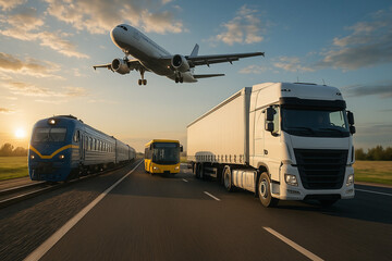 A photo depicting various types of transport. A truck, a passenger train, a city bus and an airplane against the backdrop of a sunset