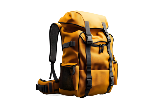 yellow tourist backpack on a transparent background. png file. Generative AI