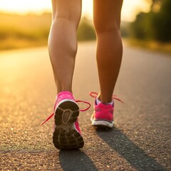 Runner woman feet running on road closeup on shoe. Female fitness model sunrise jog workout