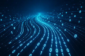 Bright blue digital data flows into infinity, creating a sense of movement and depth. Numbers and lines intertwine to form a dynamic cyberspace flow of information