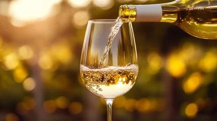 Gordijnen Pouring white wine into glass on blurred background wine tasting wine bottle wine glass drink alcohol relax © Mitchell