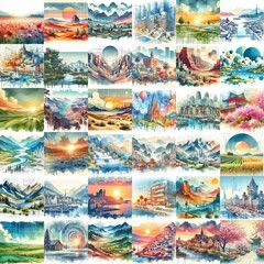Naklejka premium Different landscapes. Watercolor drawing. AI generated illustration