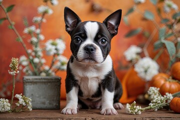 Charming Boston Terrier Puppy Photo with Vibrant Orange Background