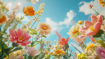 Majestic Garden Pathway Adorned With Vibrant Flowers and Lush Greenery Under a Bright Blue Sky During Early Afternoon
