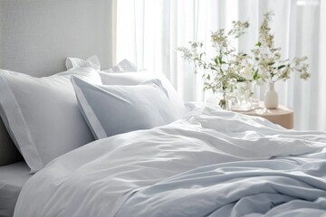 A neatly made bed with white and light blue bedding,  sunlit room, and a vase of flowers.
