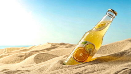 Summer Refreshment in Tilted Clear Bottle on Soft Sand