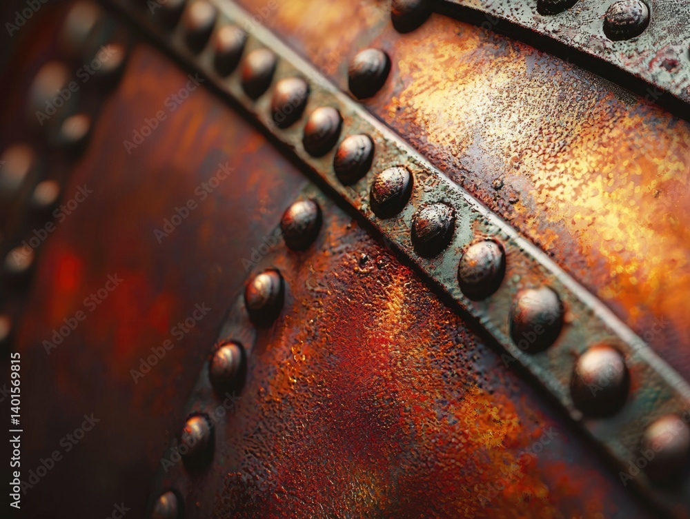 Aufkleber close-up of a rusty metallic surface with rivets, showing texture and age.