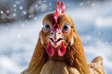 Curious Chicken with Goofy Expression Clucking in a Snowy White Setting