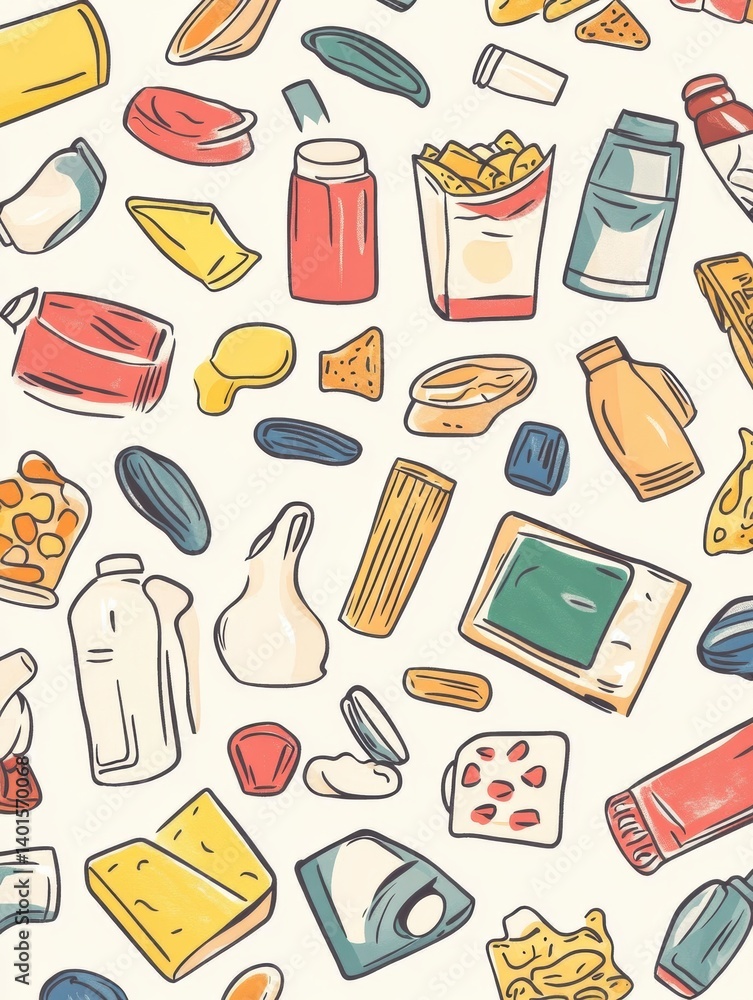 Poster vibrant collection of food product patterns featuring various snacks and beverages on a light backgr